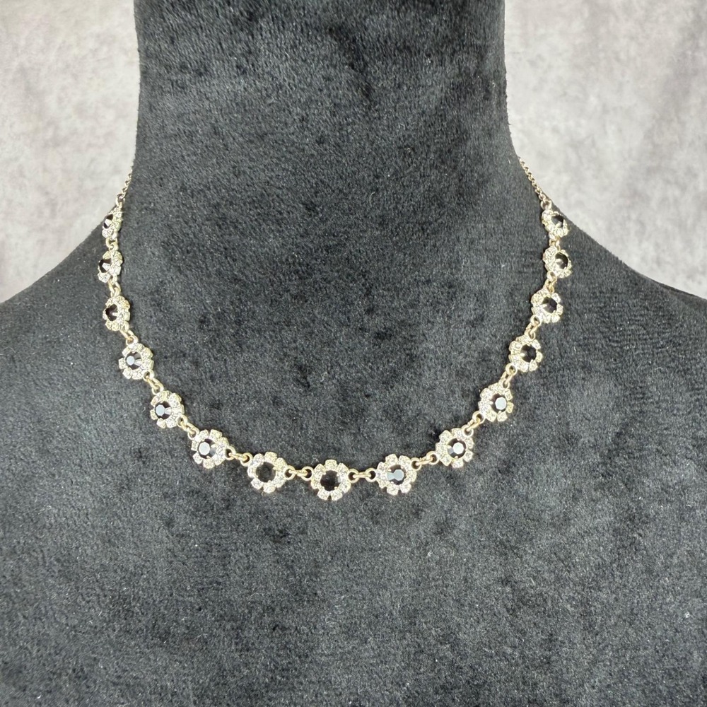 Vtg Black Clear Rhinestone Floral Silver Chocker Necklace Whimsygoth 90s Y2K - Picture 2 of 9